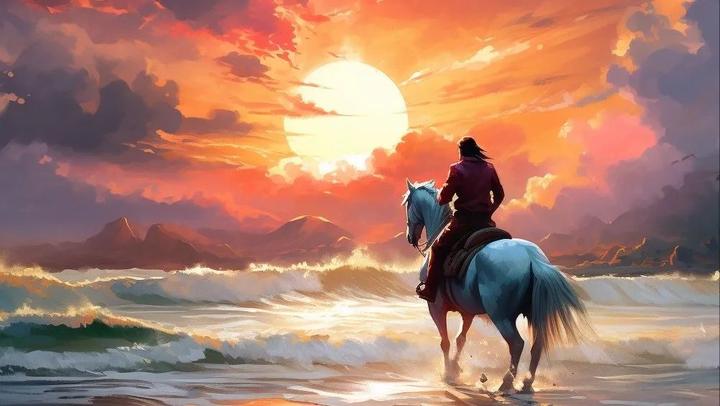 骑者,海边,夕阳,彩霞,骑马,背影,浪花(绘画)
