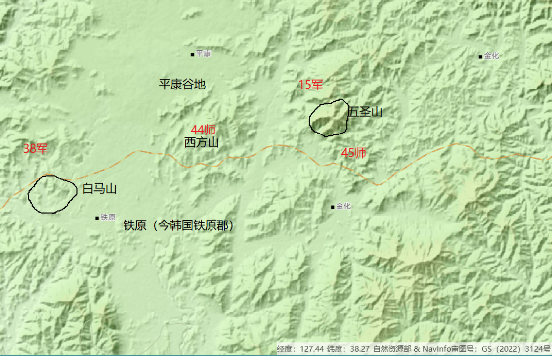 平康——铁原——金化地区地形图(注意白马山那下一片坦途)  图源